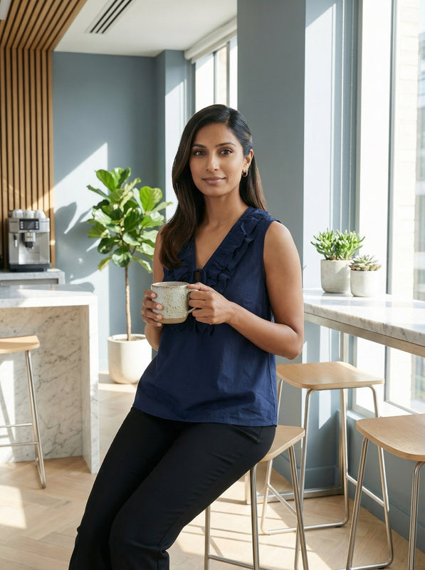 Navy Blue Sleeveless Ruffle V-Neck Top for Women | Formal Office Wear