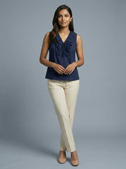 Navy Blue Sleeveless Ruffle V-Neck Top for Women | Formal Office Wear