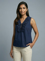 Navy Blue Sleeveless Ruffle V-Neck Top for Women | Formal Office Wear