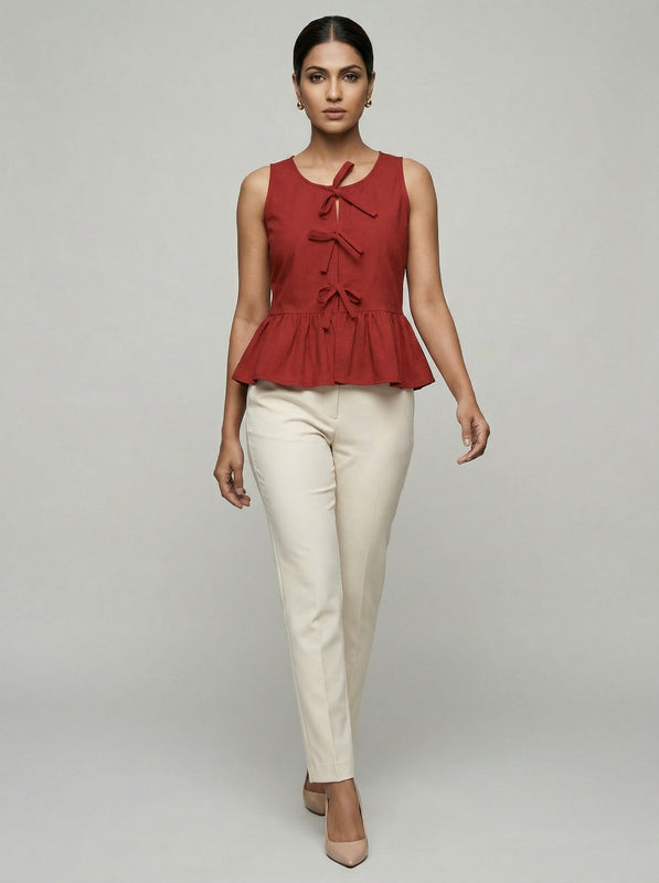 Earthy Red V-Neck Sleeveless Peplum Top for Women | Formal Office Wear