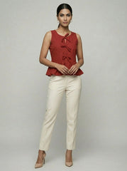 Earthy Red V-Neck Sleeveless Peplum Top for Women | Formal Office Wear