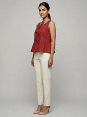 Earthy Red V-Neck Sleeveless Peplum Top for Women | Formal Office Wear