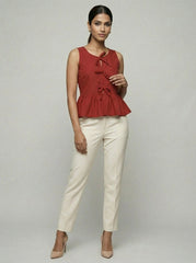 Earthy Red V-Neck Sleeveless Peplum Top for Women | Formal Office Wear