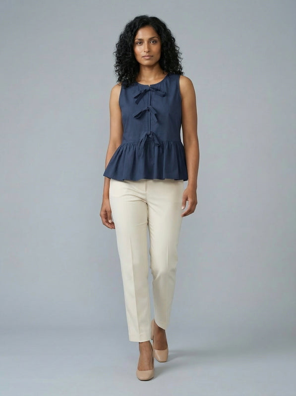 Navy Blue V-Neck Sleeveless Peplum Top for Women | Formal Office Wear