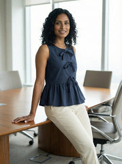 Navy Blue V-Neck Sleeveless Peplum Top for Women | Formal Office Wear