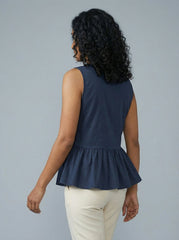 Navy Blue V-Neck Sleeveless Peplum Top for Women | Formal Office Wear