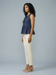 Navy Blue V-Neck Sleeveless Peplum Top for Women | Formal Office Wear