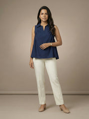 Navy Blue Solid A-Line Sleeveless Collared Top for Women | Formal Office Wear