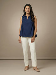 Navy Blue Solid A-Line Sleeveless Collared Top for Women | Formal Office Wear