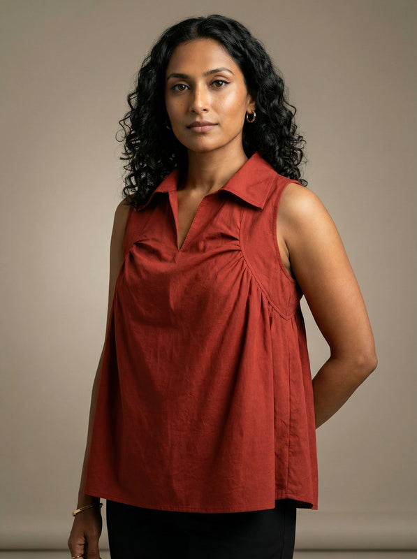 Earthy Red Solid A-Line Sleeveless Collared Top for Women | Formal Office Wear