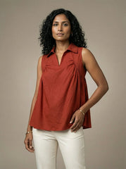 Earthy Red Solid A-Line Sleeveless Collared Top for Women | Formal Office Wear
