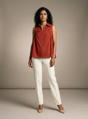 Earthy Red Solid A-Line Sleeveless Collared Top for Women | Formal Office Wear