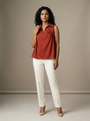 Earthy Red Solid A-Line Sleeveless Collared Top for Women | Formal Office Wear