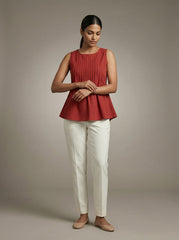 Earthy Red Sleeveless Pleated Solid Kurti Top for Women | Formal Office Wear