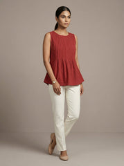 Earthy Red Sleeveless Pleated Solid Kurti Top for Women | Formal Office Wear