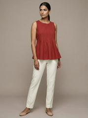 Earthy Red Sleeveless Pleated Solid Kurti Top for Women | Formal Office Wear
