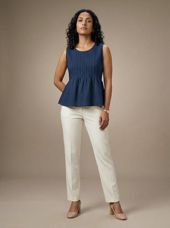 Navy Blue Sleeveless Pleated Solid Kurti Top for Women | Formal Office Wear