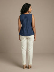 Navy Blue Sleeveless Pleated Solid Kurti Top for Women | Formal Office Wear