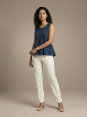 Navy Blue Sleeveless Pleated Solid Kurti Top for Women | Formal Office Wear