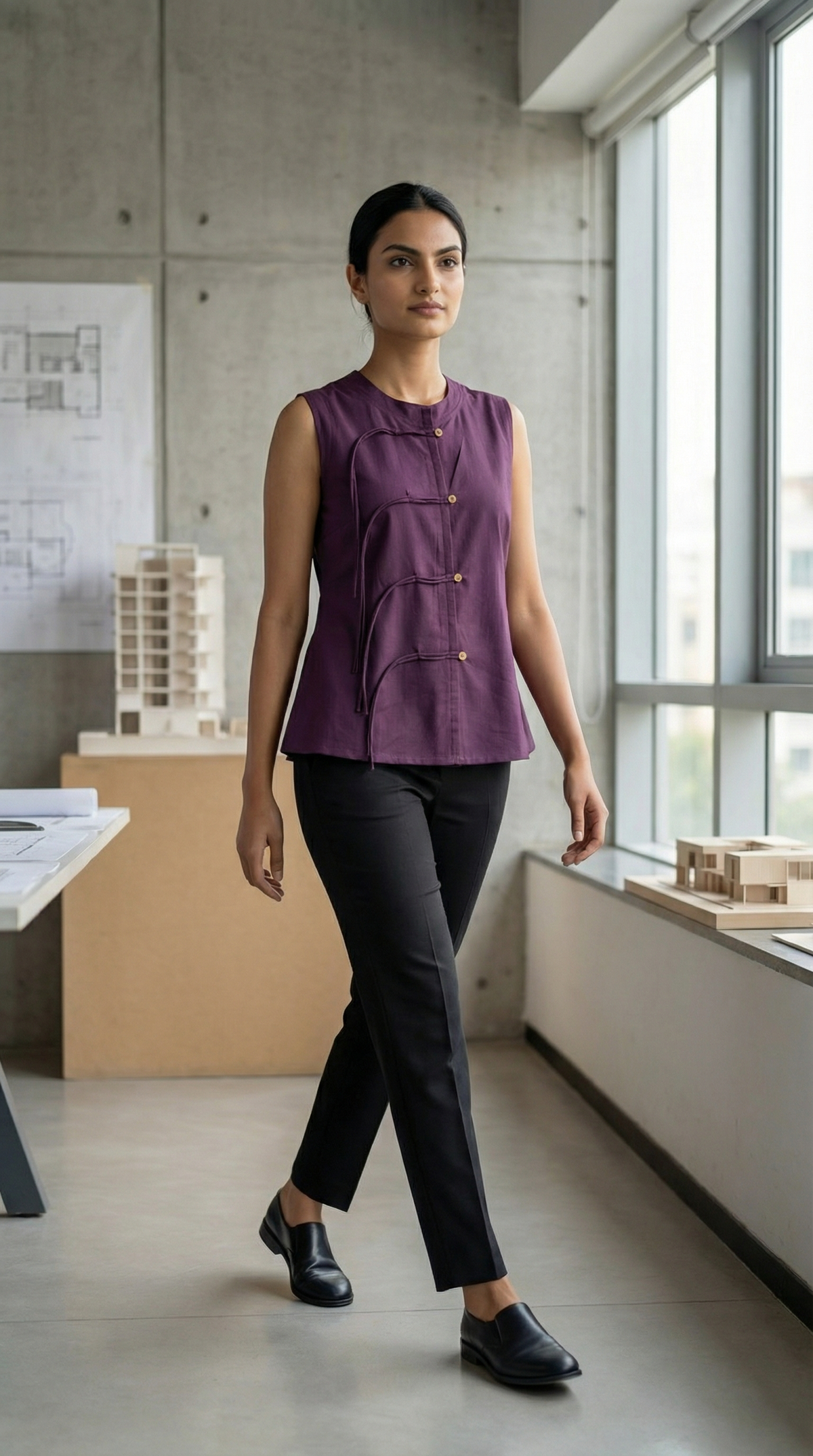 Plum Cotton Sleeveless Mandarin Collar Top for Women