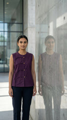 Plum Cotton Sleeveless Mandarin Collar Top for Women