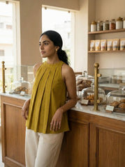 Mustard Cotton Pleated Halter Neck Top for Women