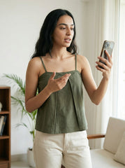 Olive Green Cotton Pleated Camisole Top for Women