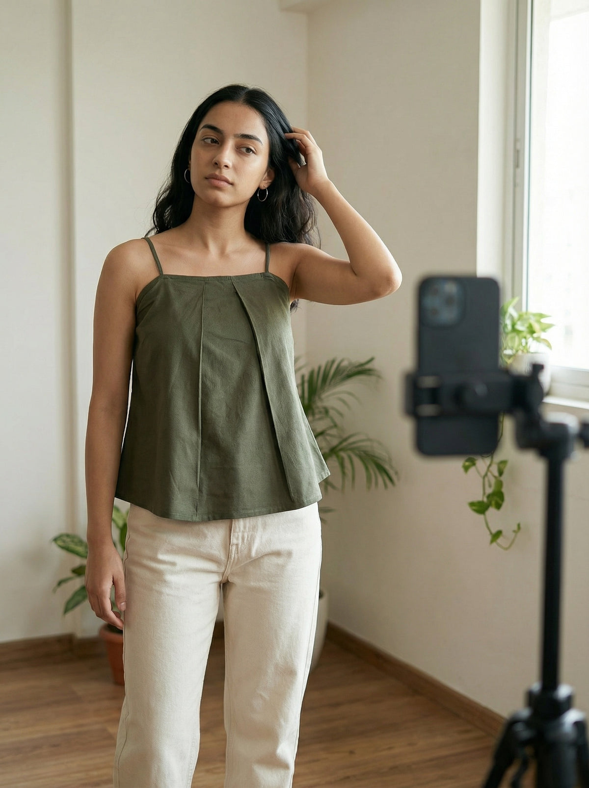 Olive Green Cotton Pleated Camisole Top for Women