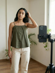 Olive Green Cotton Pleated Camisole Top for Women