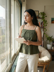Olive Green Cotton Pleated Camisole Top for Women
