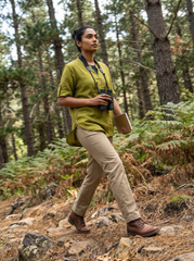 Olive Green Khadi Cotton Mandarin Collar Short Sleeve Top for Women