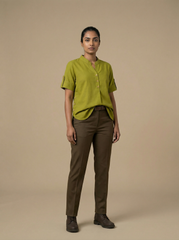 Olive Green Khadi Cotton Mandarin Collar Short Sleeve Top for Women