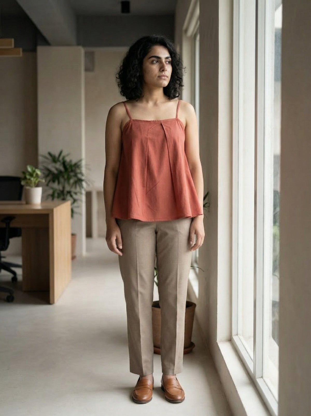 Rust Cotton Pleated Camisole Top for Women