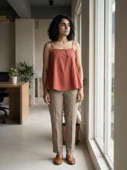 Rust Cotton Pleated Camisole Top for Women