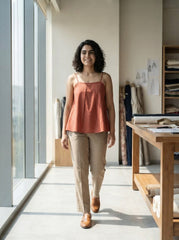 Rust Cotton Pleated Camisole Top for Women
