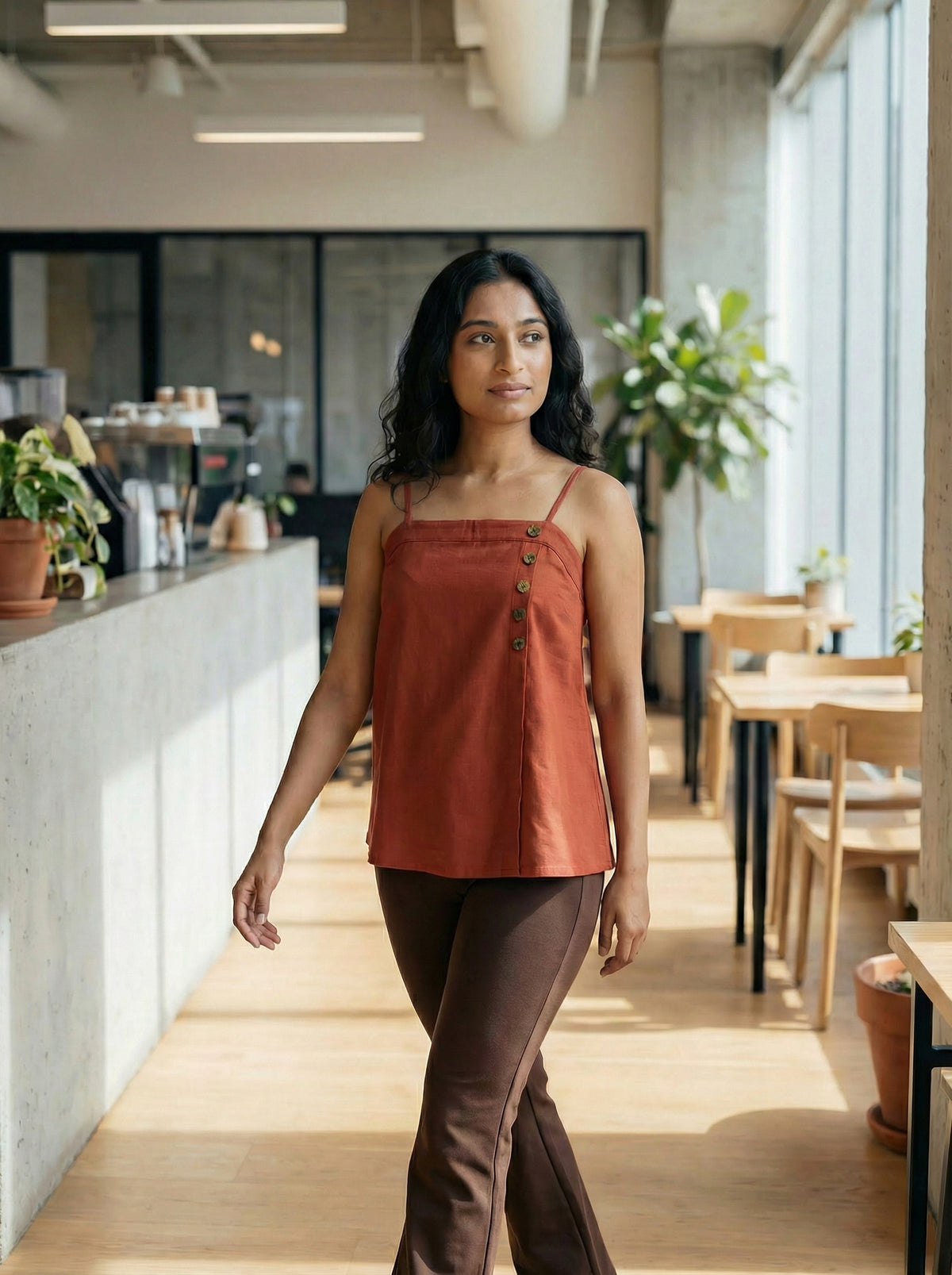 Rust Cotton Spaghetti Strap Top with Side Buttons for Women