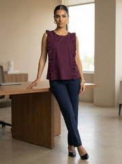 Plum Cotton Sleeveless Ruffle Detail Top for Women