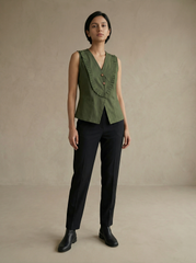 Olive Green Cotton Sleeveless V-Neck Pleated Detail Top for Women