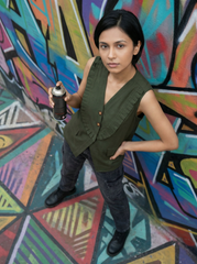 Olive Green Cotton Sleeveless V-Neck Pleated Detail Top for Women