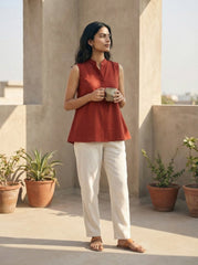 Rust Orange Cotton Sleeveless Mandarin Collar Button Detail Top for Women