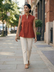 Rust Orange Cotton Sleeveless Mandarin Collar Button Detail Top for Women