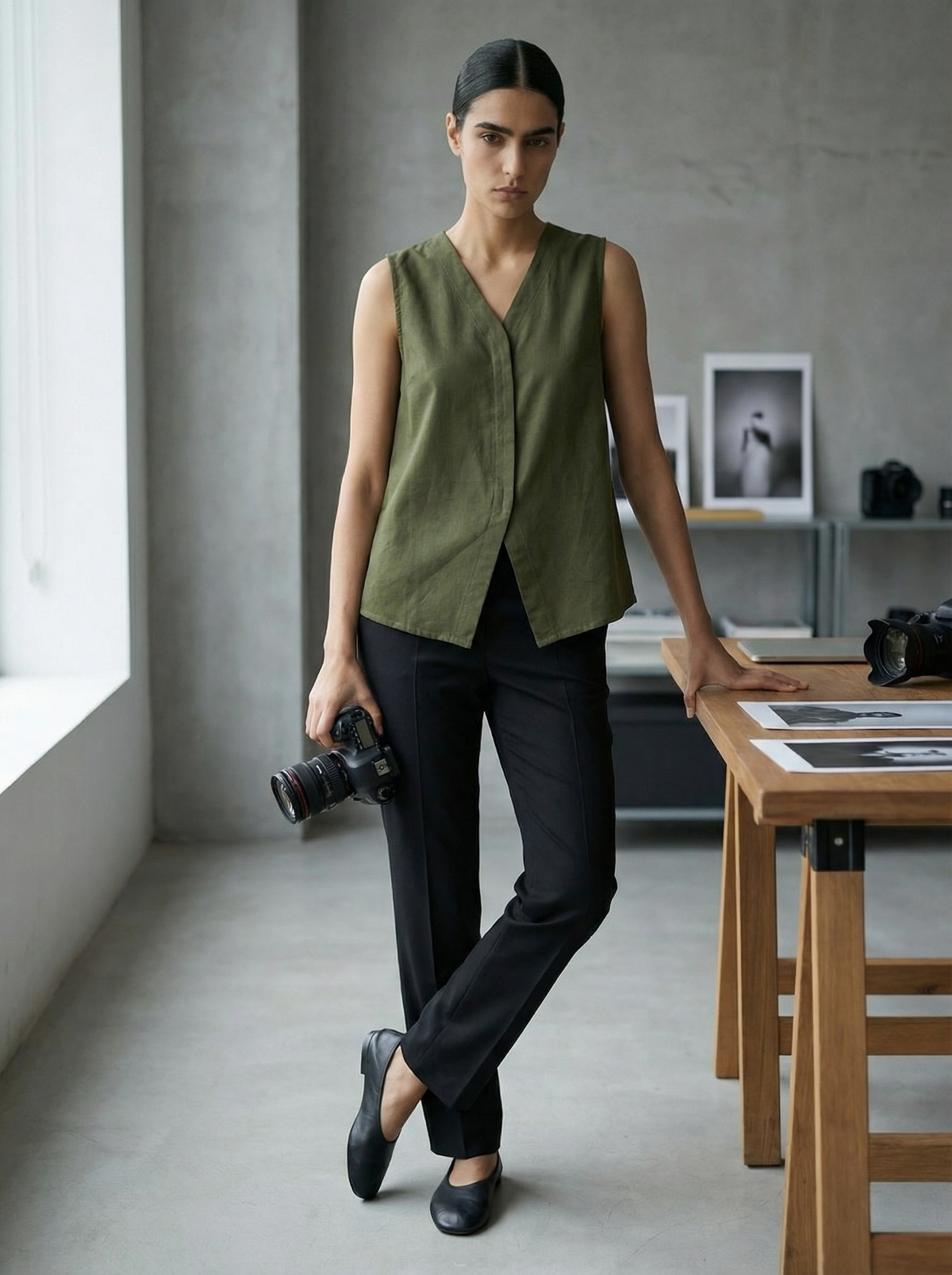 Olive Green Cotton Sleeveless Overlap Top for Women