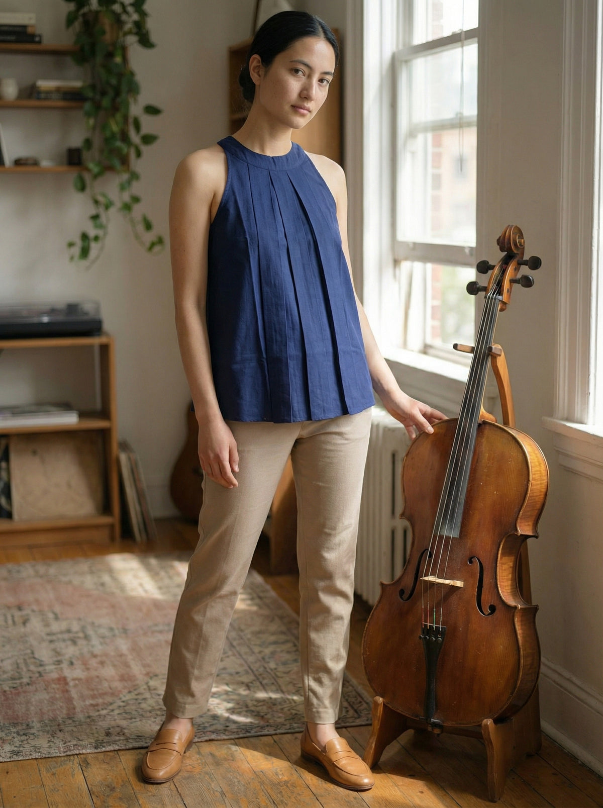 Navy Blue Cotton Sleeveless Pleated Top for Women