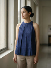 Navy Blue Cotton Sleeveless Pleated Top for Women