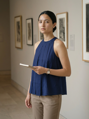 Navy Blue Cotton Sleeveless Pleated Top for Women