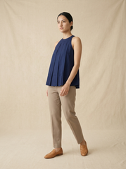 Navy Blue Cotton Sleeveless Pleated Top for Women