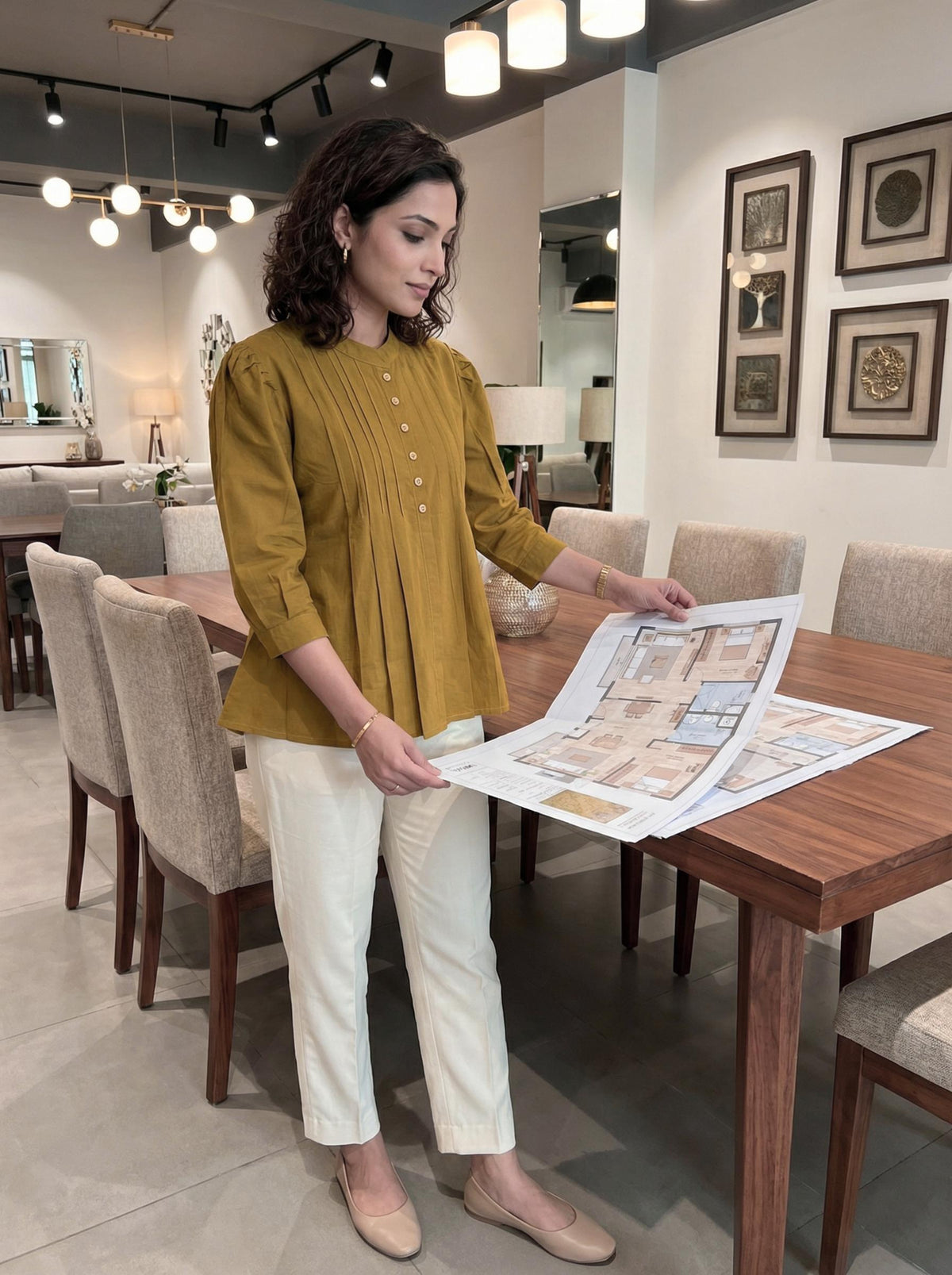 Mustard Yellow Cotton Pleated Front 3/4 Sleeve Top for Women