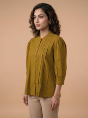 Mustard Yellow Cotton Pleated Front 3/4 Sleeve Top for Women