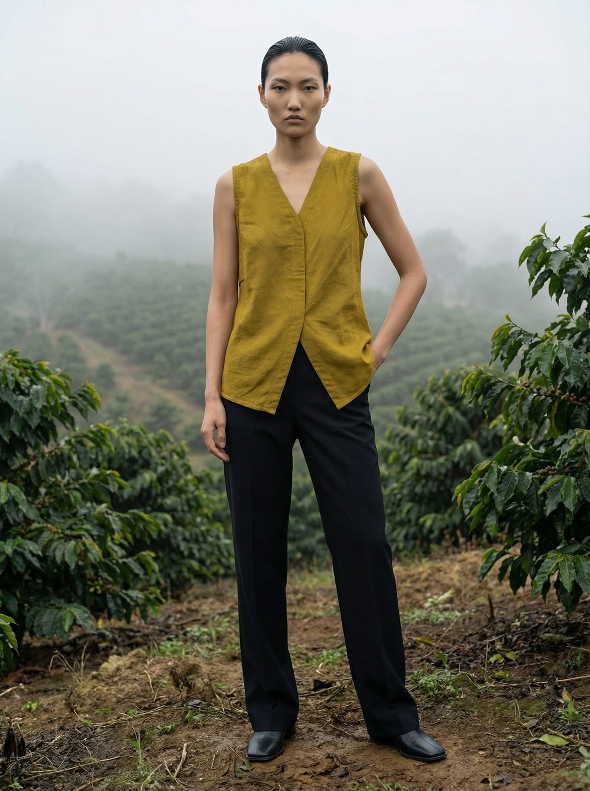 Mustard Cotton Sleeveless Overlap Top for Women