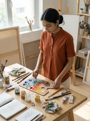 Rust Orange Khadi Cotton Mandarin Collar Short Sleeve Top for Women